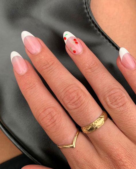 White And Cherry Nails, White French Tip Nails With Cherry, White French Cherry Nails, White French With Cherry Nails, Harry Styles Theme Nails, White French Tips With Cherries, Summer Nails Cherries, White French Tip Nails With Cherries, Nail Inspo Harry Styles