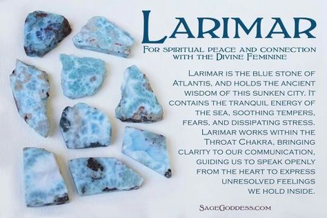 Larimar, from Sage Goddess on facebook Rock Meanings, Jewelry Rules, Reiki Symbols, Spiritual Crystals, Gemstone Meanings, Crystal Therapy, Larimar Stone, Crystal Healing Stones, Les Chakras