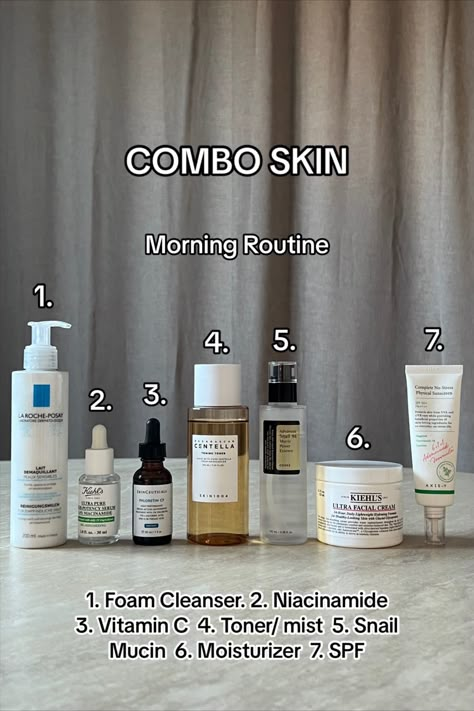 Comb skin morning and evening routing. oil cleanser, foam cleanser, Niacinamide, Vitamin C, Toner, Snail Mucin, Moisutrizer, SPF, AHA and Hyaluronic Acid Skincare Routine For Combo Skin, Routine Matin, Proper Skin Care Routine, Evening Skincare Routine, Skincare For Combination Skin, Uv Paint, Evening Skincare, Facial Routine Skincare, Best Facial Cleanser