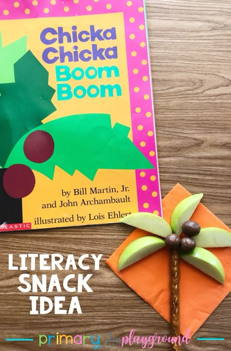 Literacy Snack Idea Alphabet Tree _ Chicka Chicka Boom Boom #literacysnack #booksnack #alphabet #alphabetsnack #kindergarten #preschool Primary Playground, Alphabet Tree, Rainbow In A Jar, Rainbow Experiment, Preschool Cooking, Kids Food Crafts, Beginning Of Kindergarten, Storytime Crafts, Chicka Chicka Boom Boom