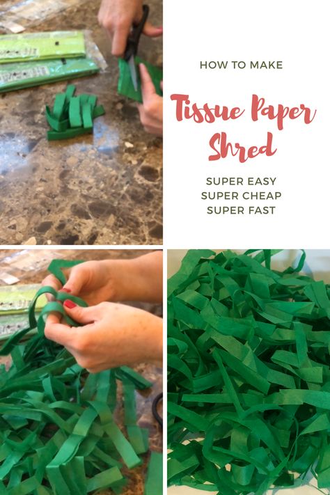 All you need to make this DIY tissue shred is a pair of scissors and tissue paper. Just cut strips from the folded tissue paper, tear apart the layers and fluff. I use it for gift wrapping, basket filler, bag filler, vase filler, gift basket filler and more! Diy Paper Shred, Gift Box Filler Ideas Diy, Tissue Paper Folding Ideas, Package Filler Ideas, Tissue Paper Gift Box Packaging Ideas, How To Put Tissue Paper In A Gift Basket, Tissue Paper In Gift Boxes, Box Filler Ideas Packaging, Gift Box Filler Ideas