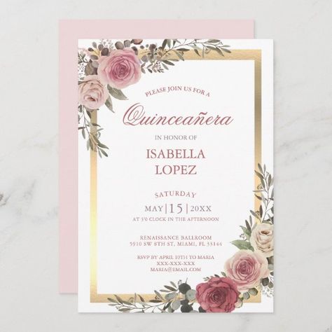 Blush Pink Floral Rose Gold  Quinceañera Invitation Rose Gold Quinceanera, Invitations Quinceanera, Quinceañera Invitation, Quince Invitations, Quince Decorations, Sweet Sixteen Invitations, Quinceanera Invitations, Blush Rose, Sweet 15