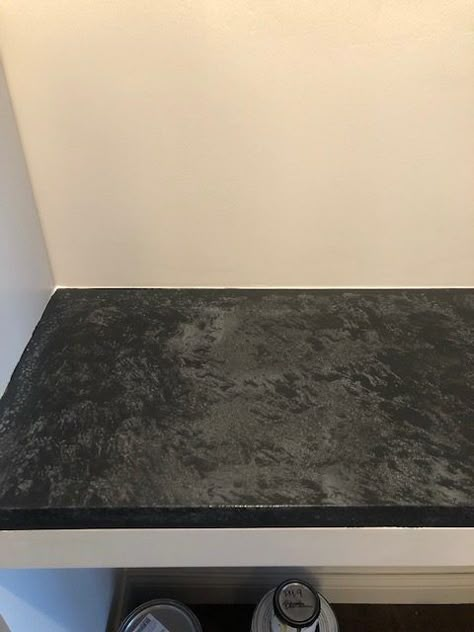 DIY Faux Soapstone Painted Counter - The Adored Abode Paint Black Granite Countertops, Black Painted Countertops Diy, Painting Laminate Countertops Black, Paint Countertops Black, Stonecoat Countertop Ideas, Faux Stone Countertops Diy, Painted Black Countertops, Faux Countertops Diy, Diy Black Marble Countertops