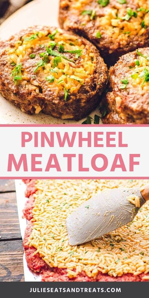 If you are looking for a new, delicious twist on meatloaf you are going to love this Pinwheel Meatloaf! The meatloaf is rolled up "cake roll" style with a cheesy rice filling. The result is a beautiful pinwheel effect that's not only pretty but delicious. Make this dinner recipe to impress your family or guests! #meatloaf #recipe Meatloaf With Rice In It, Meatloaf Roll, Cheesy Meatloaf, Delicious Meatloaf, Cheesy Rice, Sleeveless Sweaters, Classic Meatloaf Recipe, Meat Dish, Up Cake