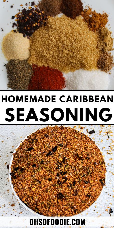 Text reads Homemade Caribbean Seasoning From Scratch Voodoo Seasoning Recipe, Caribbean Seasoning, Seasoning Mix Recipes, Herb Salt Recipe, Seasoning Salt Recipe, Spice Rubs, Homemade Dry Mixes, Salt Free Seasoning, Dry Rub Recipes