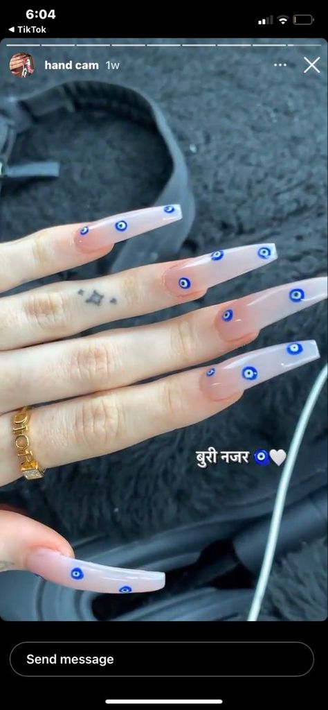 Long Acrylic Nails Evil Eye, Blue Eye Nails Acrylic, Blue Nails Ideas Evil Eye, Evil Eye Nails Long, Blue Grunge Nails, Evil Eye Nails Blue, Nail Ideas Evil Eye, Evil Eye Nails Acrylic, Acrylic Nails Evil Eye