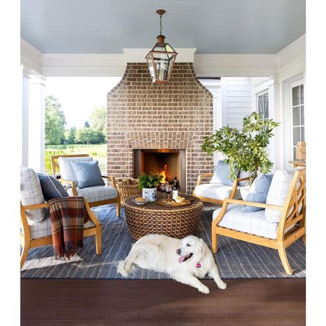 Fireplace Seating Area, Fireplace Seating, Porch Fireplace, Design Darling, Southern Living Homes, House With Porch, Brick Fireplace, Screened Porch, Outdoor Fireplace