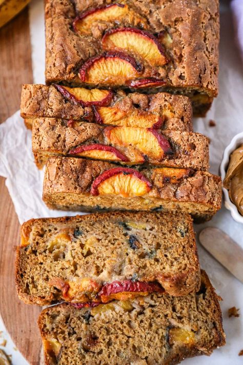 Peach Banana Recipes, Banana Peach Bread Recipe, Peach And Banana Recipes, Peach Banana Bread, Sourdough French Toast Casserole, Peach Ideas, Kalefornia Kravings, Fruit Breads, Sourdough French Toast