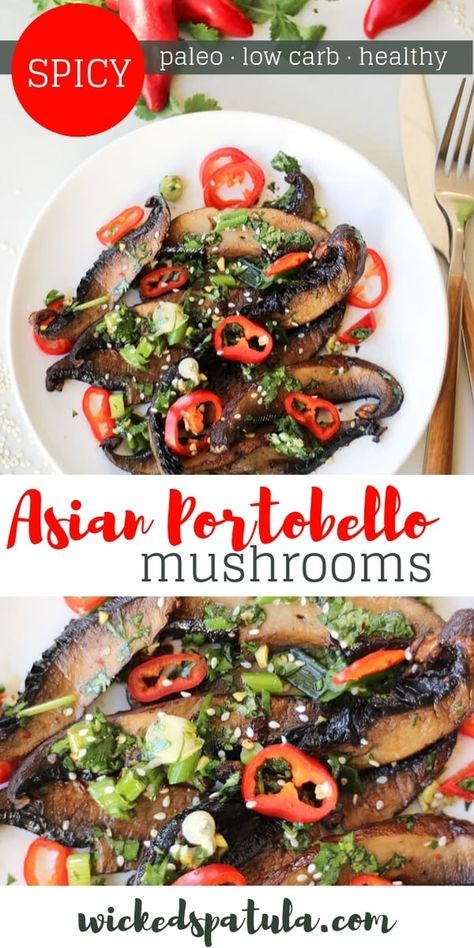 Spicy Asian Portobello Mushrooms - These Spicy Asian Portobello Mushrooms are a healthy and tasty side dish for any Asian themed meal. I love the red Fresno peppers! #wickedspatula #paleo #mushrooms #sidedish via @wickedspatula Asian Mushrooms, Roasted Portobello Mushrooms, Easy Paleo Recipes, Portobello Mushroom Recipes, Paleo Dinners, Paleo Side Dishes, Best Paleo Recipes, Easy Whole 30 Recipes, Gluten Free Sides Dishes