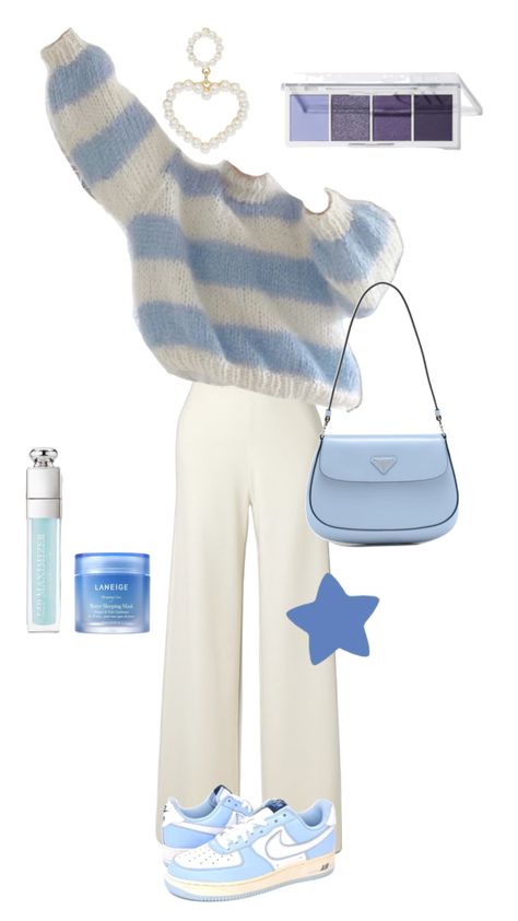 Blue Oufitts Ideas, Outfits In Blue, Blue Trendy Outfits, Aesthetic Combination Outfit, Cute Outfits Blue And White, Cute Blue Winter Outfits, Retro Pastel Outfit, Blue Aesthetic Outfit Ideas, Pastel Blue Clothes Aesthetic