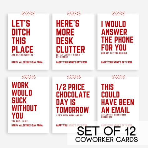 Show your workplace friends some love by making them laugh with this set of 12 Funny Coworker Valentine Cards. They are perfect for attaching to a piece of candy and passing out around the office. Who says a Valentine's Day card exchange has to just be for elementary school? Not us ;) Coworkers Valentines, Valentines Quotes Funny, Coworker Humor, Funny Valentines Cards, Valentine Quotes, Valentine Cards, Funny Valentine, Elementary School, Valentines Cards