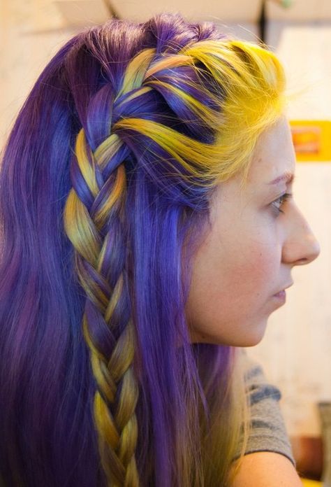 Hair Color Crazy, Different Hair Colors, Hair Color Purple, Funky Hairstyles, Wild Hair, Yellow And Purple, Yellow Hair, Scene Hair, Purple And Yellow