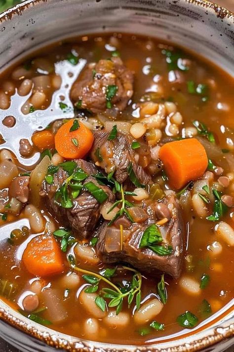 Beef Barley Soup Recipes Stovetop, Amish Beef Barley Soup, Best Beef Barley Soup Recipes, Beef Shank Soup Bone Recipes, Beef And Barley Soup, Beef Barley Soup Stovetop, Easy Beef Barley Soup Stovetop, Beef Barley Mushroom Soup, Beef Shank Soup