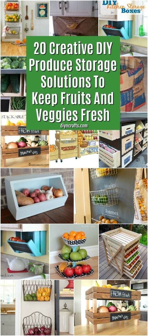 Creative Fruit Storage, How To Store Vegetables In Pantry, Veg Storage In Kitchen, Pantry Fruit And Veggie Storage, Wooden Produce Storage, Fruit And Veggie Organization, Vegetable Storage Bins, Diy Produce Basket, Counter Produce Storage