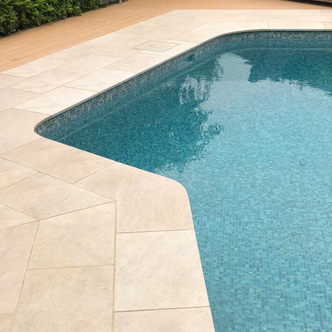 Curved Pool Coping, Curved Pool Design, Curved Pool, Pool Makeover, Limestone Tiles, Industrial Garden, Stone Pool, Alfresco Area, Limestone Tile