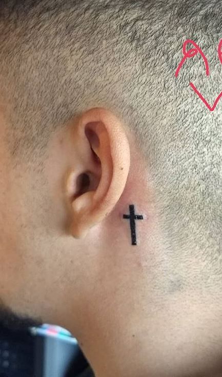 Cross Behind Ear Tattoo Men, Tattoo Ideas Behind Ear, Back Ear Tattoo, Behind The Ear Tattoos, Tattoo Me, Ear Tattoos, Kobe Bryant Wallpaper, About Tattoo, Cross Tattoo