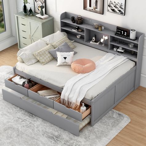 PRICES MAY VARY. 【Built-in Bookshelves】 Four side compartments and one large middle for storage; Freestanding design can be used with any style of bed and does not need to be attached. Overall Product Dimension: 78.7''L x 104.6''W x 47.2''H, Bed Inner Dimension: 77.6'' x 54.3'', This Full size daybed Fits standard Full size mattress (mattress not included) 【Twin Size Trundle & Drawers】 This Elegant Full size daybed with handy pull-out trundle and three functioning drawers. The Twin size trundle Captain Bed, Full Size Daybed, Wooden Daybed, Daybed With Drawers, Captains Bed, Daybed Bedding, Twin Size Bed Frame, Full Size Platform Bed, Storage Headboard