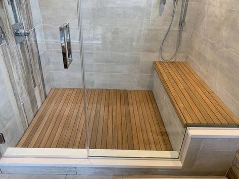 Teakwood Shower Floor, Shower With Wooden Bench, Teak Bathroom Floor, Teak Wood Shower Floor, Bamboo Shower Floor, Shower Remodel With Bench, Wood Shower Floor, Senior Bathroom, Shower Redo