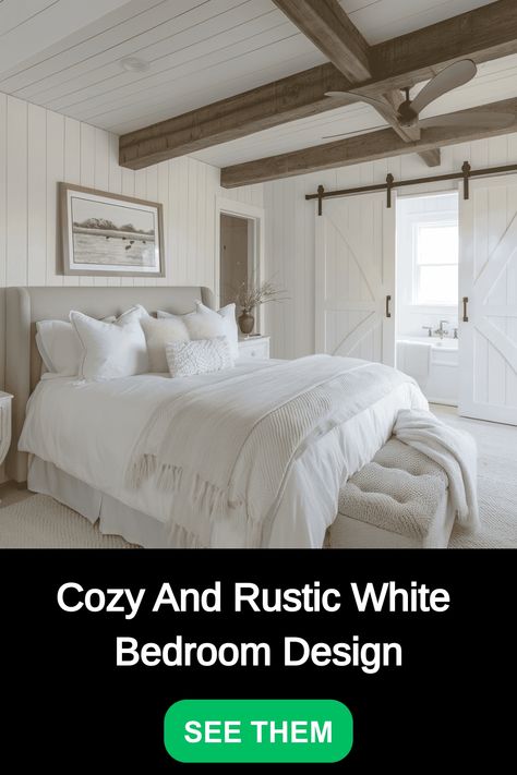 white cozy rustic wedding Rustic White Bedroom, Beam Bedroom, White Rustic Bedroom, Rustic Color Schemes, Bedroom Concept, Cozy Textiles, White Bedroom Design, Wood Beam, Aged Wood