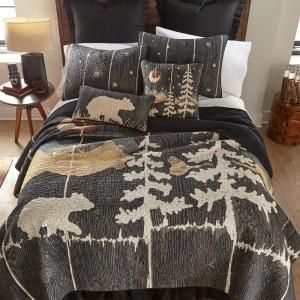 Unbranded Black Bear Lodge 2-Piece Multicolored Twin Quilt Set-GL-1608EMST - The Home Depot Large Watercolor Painting, Bear Bedding, Charcoal Panels, Rustic Landscape, Cotton Quilt Set, Moonlit Night, Bear Quilts, Single Quilt, King Size Quilt