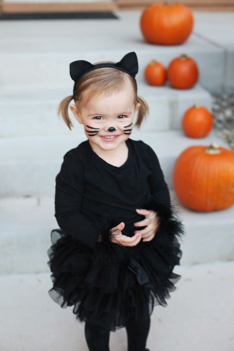 Toddler Girl Cat Halloween Costumes, Cat Costume For Toddler Girl, Black Cat Kids Costume, Kids Kitty Cat Makeup, Toddler Girl Cat Costume, Family Cat Costumes, Toddler Kitty Costume, Cat Halloween Costume For Kids, Toddler Black Cat Costume