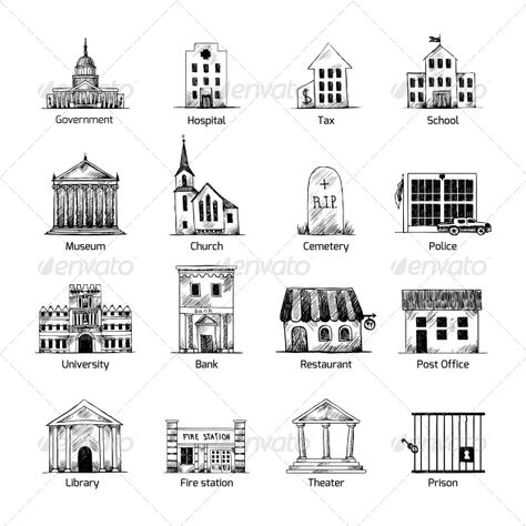 Government building icons set in hand draw style of post cemetery museum school church theater isolated vector illustration. Edita Hospital Design Architecture, Cartography Map, Government Building, Building Icon, Photographer Business Cards, Building Drawing, Free Hand Drawing, Architecture Concept Drawings, Arte Dc Comics