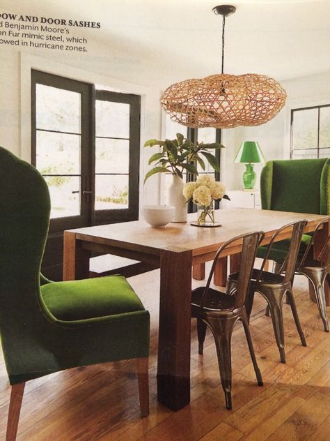 Large green velvet wingback + wood + metal tub chairs Parsons Table, Farmhouse Dining Rooms Decor, Modern Farmhouse Dining Room, Dining Room Table Centerpieces, Stylish Dining Room, Dining Room Remodel, Modern Farmhouse Dining, Dining Room Ideas, The Dining Room