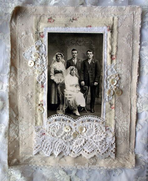 Victorian Diy, Genealogy Scrapbook, Patchwork Decor, Wedding Layout, Vintage Scrapbooking, Wedding Collage, Lace Art, Fabric Collage, Crazy Quilting