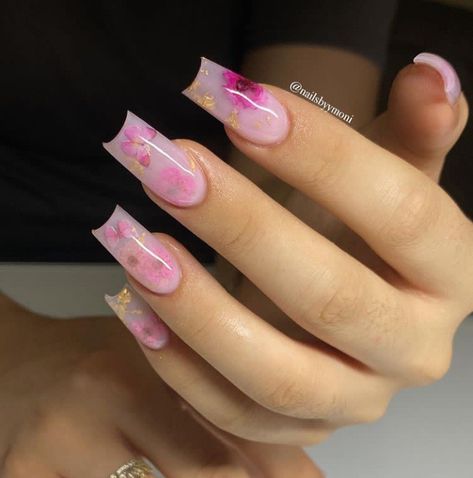 Incapcilated Nails, Pink Encapsulated Nails, Acrylic Nail Designs Classy, Matte Pink Nails, Nails Flowers, Encapsulated Nails, Tapered Square Nails, Pink Ombre Nails, Long Acrylic Nail Designs