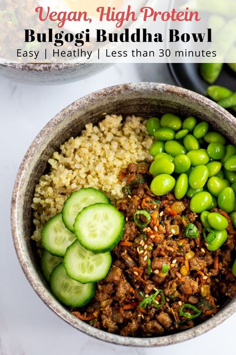 Easy and healthy vegan buddha bowl with quinoa and tasty bulgogi "beef" ground! It is vegan and vegetarian friendly. Perfect for a quick weeknight dinner. It takes less than 30 minutes to make this delicious high-protein buddha bowl! Bulgogi Bowl Recipe, Vegan Bulgogi, Bulgogi Bowl, Vegan High Protein, Korean Vegan, Vegan Protein Recipes, Inflammatory Recipes, Vegan Buddha Bowl, Beef Ground