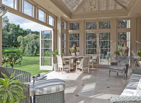 13 Orangery Design Ideas to Inspire Your Own Project Great Room Extension, Orangeries Extension Ideas, Exterior Sunroom Ideas, Orangery Interior Ideas, Orangeries Extension, Atrium Addition, Victorian Orangery, Modern Orangery Extension, Orangerie Greenhouse