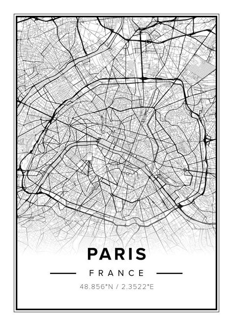 70€ Mapiful, poster Paris France Black And White, Paris City Map, Light Illustration, Maps Aesthetic, Map Of Paris, Data Map, City Plan, Map Artwork, Paris Map