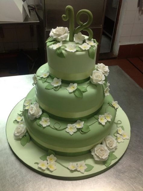 18th birthday green Green Cakes For Quinceanera, Green Themed 18th Birthday Party, Frog Themed Birthday Cake, Green Debut Cake, Green Princess Cake, Green Quince Cake Ideas, 18th Birthday Green Theme, Princess And The Frog Quince Cake, Sage Green Quinceanera Cake