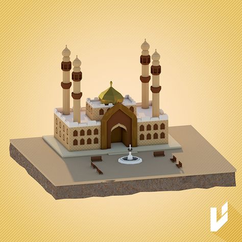 Low Poly Mosque by Imad Toubal, via Behance Mosque In Minecraft, Minecraft Mosque, Mosque Design Concept, Minbar Mosque Design, Small Mosque, Mosque Animation, 3d Mosque, Minecraft Temple, Desert Village