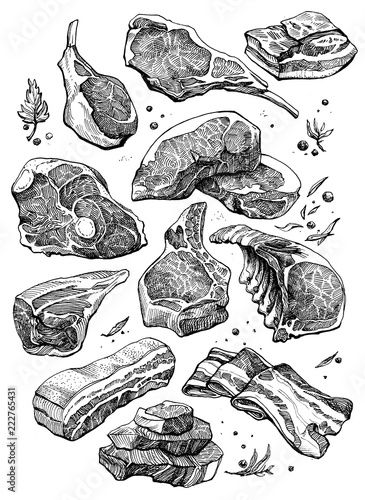 Stock Image: meat black and white draw. ribs, bacon, chop. Food Sketch Black And White, Bacon Drawing, Koch Tattoo, Meat Drawing, Culinary Tattoos, Carnicerias Ideas, Recipe Book Design, Food Tattoos, Meat Products