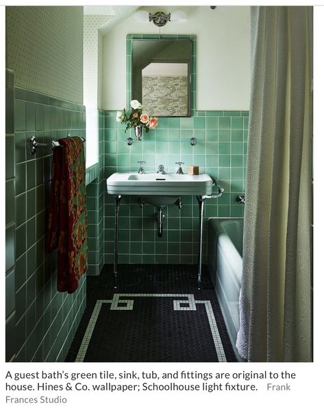 Sheila Bridges, Coloured Bathroom, Farrow & Ball Wallpaper, School House Lighting, Console Sink, Elegant Country, Vintage Light Fixtures, Bathroom Color, Green Tile