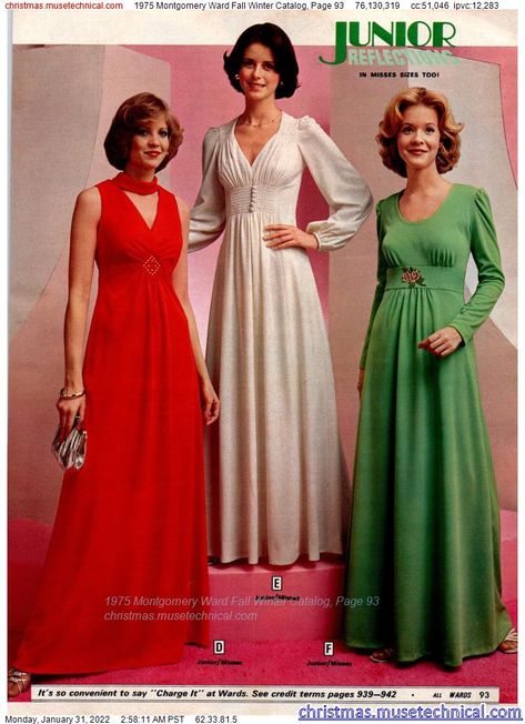 1975 Montgomery Ward Fall Winter Catalog, Page 93 - Catalogs & Wishbooks 70s Dresses Formal, Retro Dress 70s, Women 70s, Dresses 70s, 70s Orange, 70s Women, Dress 70s, 20th Century Fashion, Montgomery Ward