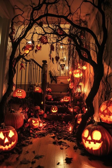 Dimly lit staircase decorated with glowing jack-o'-lanterns and hanging cobwebs for Halloween. Rental Friendly Halloween Decor, Bush Halloween Decor, Large Halloween Decor, Decorate House For Halloween, Indoor Haunted House Ideas, Halloween Inside Decorations, Haunted House Decorations Indoor, Classy Halloween Decorations Indoor, Haunted Forest Party