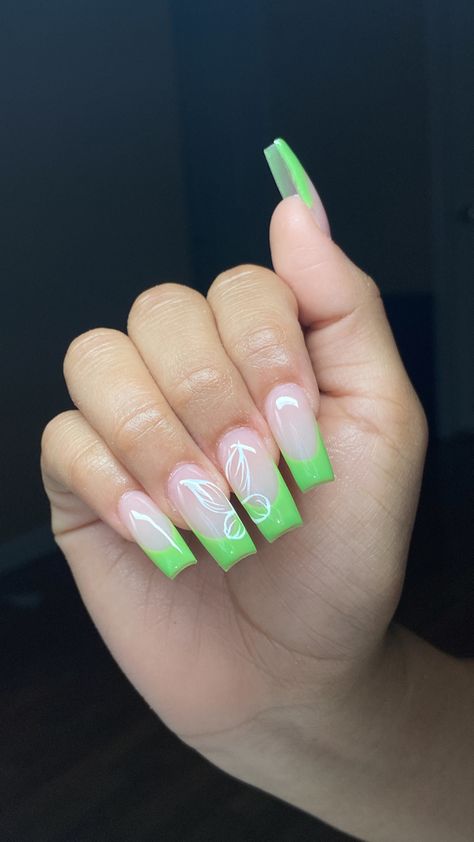 Lime Green And White Nails Design, Green Nails With White Tips, Green Nails With Butterfly, Lime Green And White Nails, French Tip With Butterflies, Lime Green Nails Short, Green French Tips Nails, French Tips With Butterflies, Light Green French Tip Nails