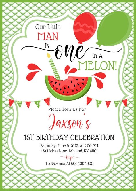 Our Little Man is One in A Melon Watermelon Boy Birthday - Etsy One In A Melon First Birthday, Invitation First Birthday, Boys First Birthday Party Ideas, Birthday Cake Topper Printable, Watermelon Birthday, First Birthday Party Themes, Boy Birthday Invitations, One In A Melon, Boy First Birthday