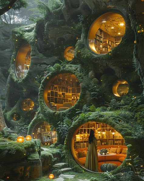 Embrace the whisper of lush greenery; where every corner is a chapter from an enchanted forest tale 🌿✨ . . . . #homedecor #decor #homeinterior #interior #midjourneyarchitecture #midjourneyinterior #midjourney #midjourney #midjourneyart #moss #surreal #architecture #conceptart #dreams #interiordesign Secret Treehouse, Futuristic Nature, Fantasy Life, Earth Sheltered, Modern Fairytale, Dream Life House, Fantasy Homes, Fantasy City, Magical Forest