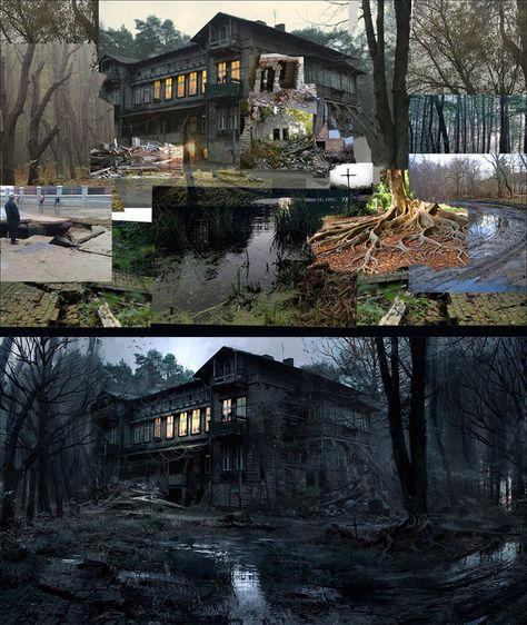 Post Apocalyptic Art, Concept Art Tutorial, Photoshop Design Ideas, Photoshop Artwork, Photoshop Painting, Composition Photography, Cabin In The Woods, Matte Painting, Digital Painting Tutorials