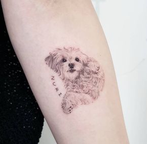 Maltese Tattoo, Tatoo Dog, Small Dog Tattoos, Cute Animal Tattoos, Dog Tattoo Ideas, Purple Tattoos, Dog Memorial Tattoos, Dog Paw Tattoo, Cool Wrist Tattoos