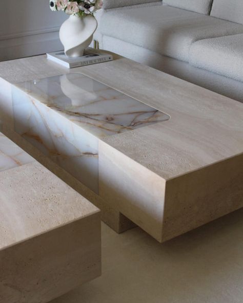 The Baci table, made from travertine with an incorporated onyx heart, is a versatile piece that can be split into two sections. This meticulously crafted table exudes sophistication and timelessness. Designed by Marbera Origin: France Inquire at info@gaiasroots.shop #marbletables #marbledesigns #coffeetables #bespokedesign #interiordesign Desk Cabinet, Onyx Colour, White Onyx, Elegant Sophisticated, Wood Crates, Marble Coffee Table, Coffee Table Square, Perfect Harmony, Marble Table