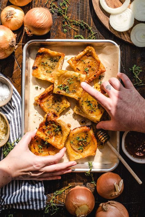 Upside-Down Tarts are taking the internet by storm, and for good reason. Just place your favorite fillings on a baking sheet, top with puff pastry, and bake 'til golden, and you've got the perfect party treats. Onion Tart Recipe, Onion Appetizers, Salty Recipes, Puff Pastry Appetizers, Pastry Appetizer, Small Batch Baking, Onion Tart, Cheese Puff Pastry, Puff Pastry Tart