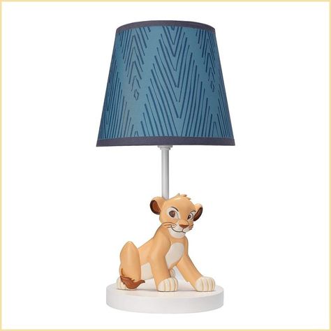 The perfect addition to your little one's nursery is this custom poly resin lamp and shade. A sculpted Simba sits on an oval shaped base. The lamp shade is a two-toned blue chevron print. An energy efficient light bulb is included. Simba Nursery, Lion King Room, Disney Baby Rooms, Lion King Nursery, Lion King Baby, Lambs & Ivy, Adventure Nursery, Nursery Lamp, Baby Boy Room Nursery