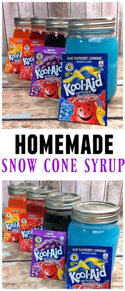 Kool Aid Snow Cone Syrup Recipe, Homemade Slushie Syrup, Kool Aid Snow Cone Syrup, Drinks With Syrup, Snocone Syrup Recipes, Dye Free Snow Cone Syrup, Snow Cone Station, Homemade Snowcone Syrup, Slushie Syrup Recipe