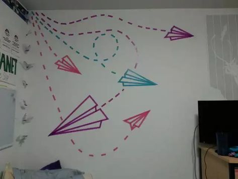 Made this out of Washi Tape for my dorm room! - Imgur Airplane Mural, Tape Mural, Washi Tape Diy Wall, Washi Tape Wall Art, Washi Tape Wall, Tape Wall Art, Washi Tape Projects, Tape Wall, Diy Tape