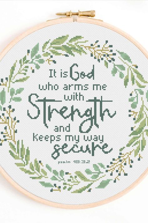 It is God who arms me with strength and keeps my way secure Psalm 18:32 Cross Stitch Chart or Pattern. Beautiful bible verse Cross Stitch. Biblical crafts for home decor. Bible Cross Stitch, Cross Stitch Christian, Christian Cross Stitch Patterns Free, Biblical Crafts, Bible Verse Crafts, Wedding Sampler Cross Stitch, Christian Cross Stitch Patterns, Cross Stitch Letter Patterns, Wedding Sampler