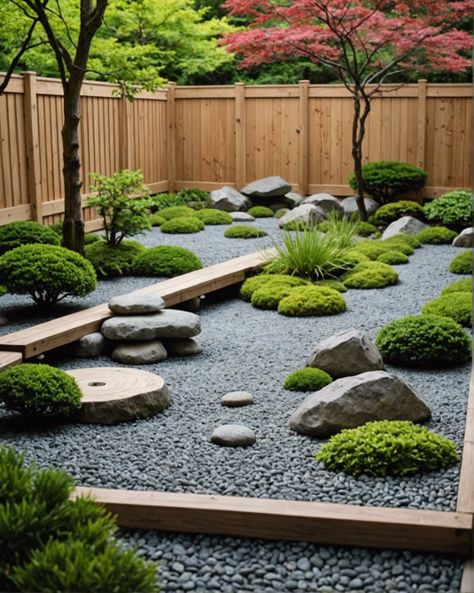 Japanese Zen Garden Ideas for Your Backyard: Relax with natural stone pathways, wooden bridges, and serene koi ponds. Get inspired and create your own tranquil oasis today! Japanese Raised Bed Garden, Japanese Garden Inspiration, Scandi Balcony, Japanese Front Yard, Rose Landscaping, Japanese Sand Garden, Japanese Stone Garden, Vietnam House, Zen Garden Backyard